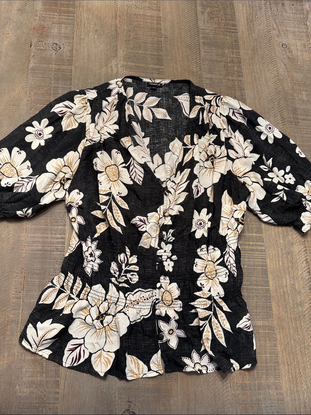 torrid Black Floral V-Neck Cinched Waist Blouse